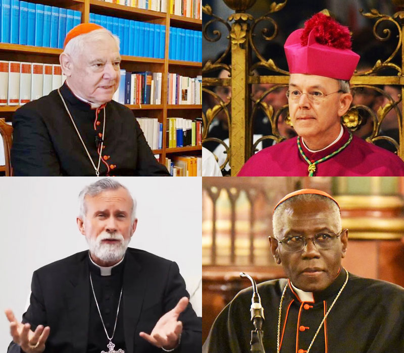 Photomontage mit kleinformatigen Porträts von Kardinal Müller, Weihbischof SChneider, Bischof Strickland und Kardinal Sarah.
