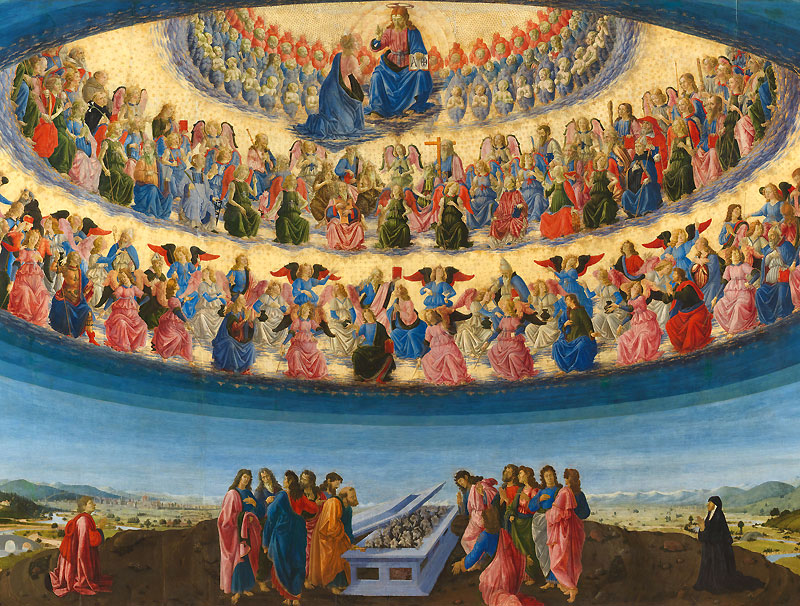 Der Ausschnitt aus einem Gemälde Botticinis zeigt den Herrn bei der Krönung der in den Himmel aufgenommene Gottesmutter im Kreis der himmlischen Engelschöre