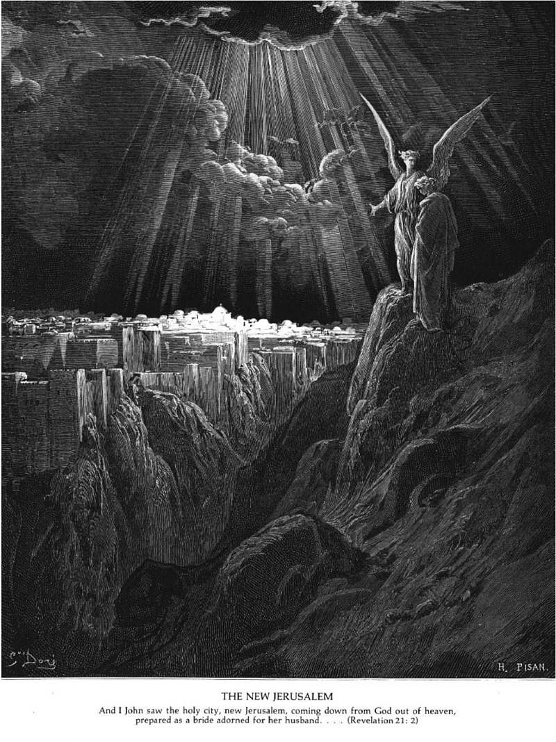 Die Illustration zeigt eine verdunkelte Felsenlandschaft. Im Vordergrund weist ein Engel einer ihn begleitenden Figur in niedergeschlagener Haltung das weit im Hintergrund liegende hell erleuchtete himmlische Jerusalem, über dem seltsame Wolkengebildete ein geheimnisvolles Geschehen andeuten.