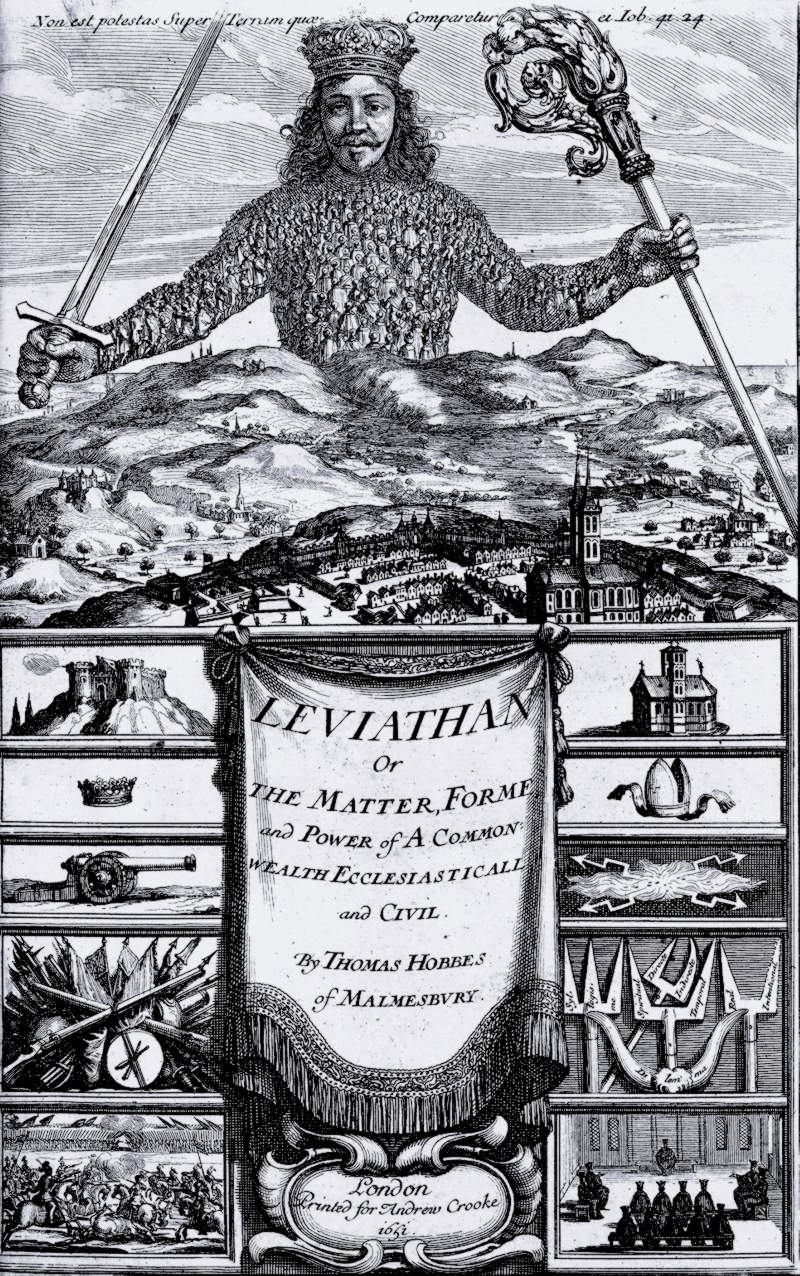 BTitelbild einer frühen Ausgabe des Leviathan von Thomas Hobbes. Oben der Fürst dieser Welt, gebildet aus den unzähligen Menschen, die ihm zuströmen - darunter die Welt mit Natur, Städten und allen menschlichen Institutionen