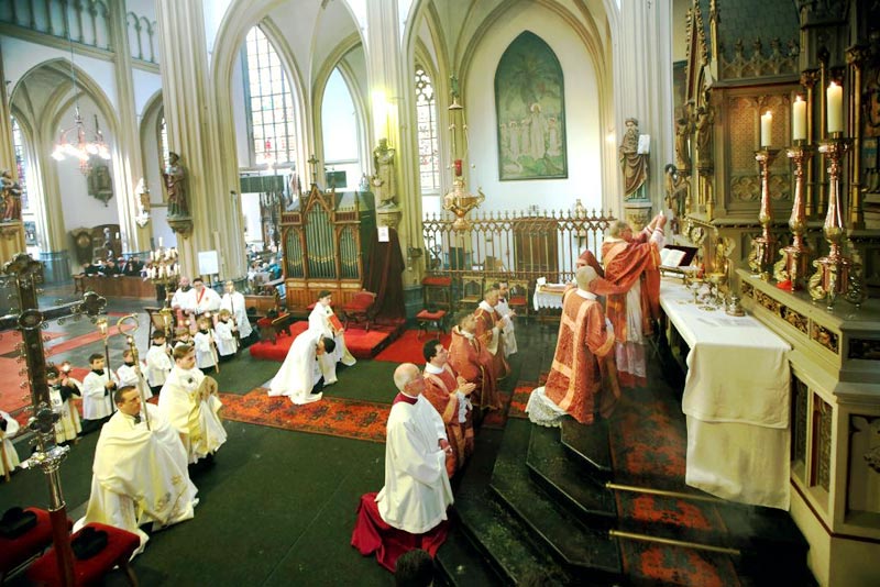 Das Photo zeigt in seitlicher Aufnahmerichtung den Augenblick der Erhebung des verwandelten Leibes Christi durch Erzbischof Eijk.