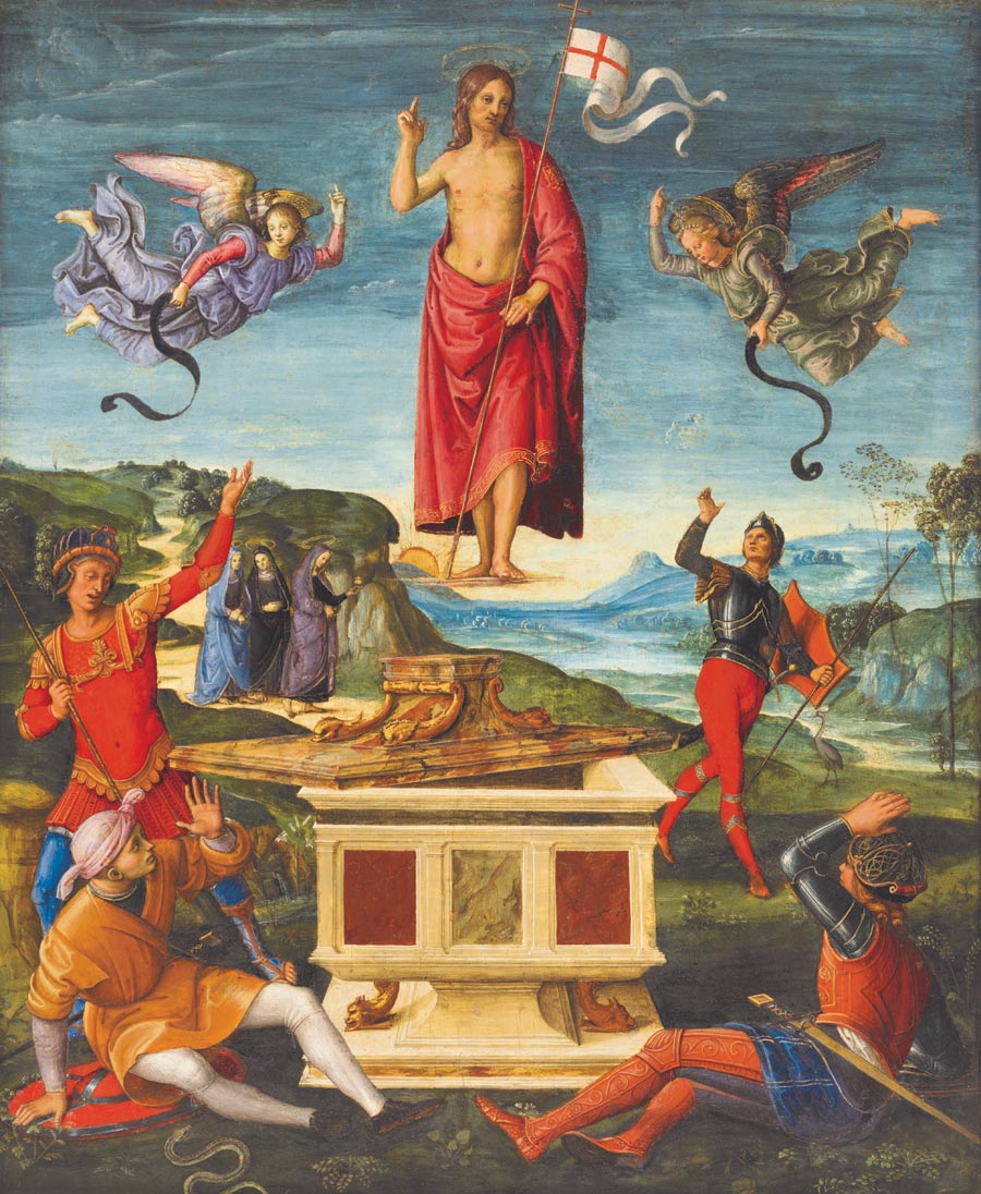 TZypische Auferstehungsdarstellung: Christus schwebt über dem leeren Grab, die Wächter liegen betäubt am Boden, im Mittelgrund nahen sich die drei Frauen mit den Salbölen