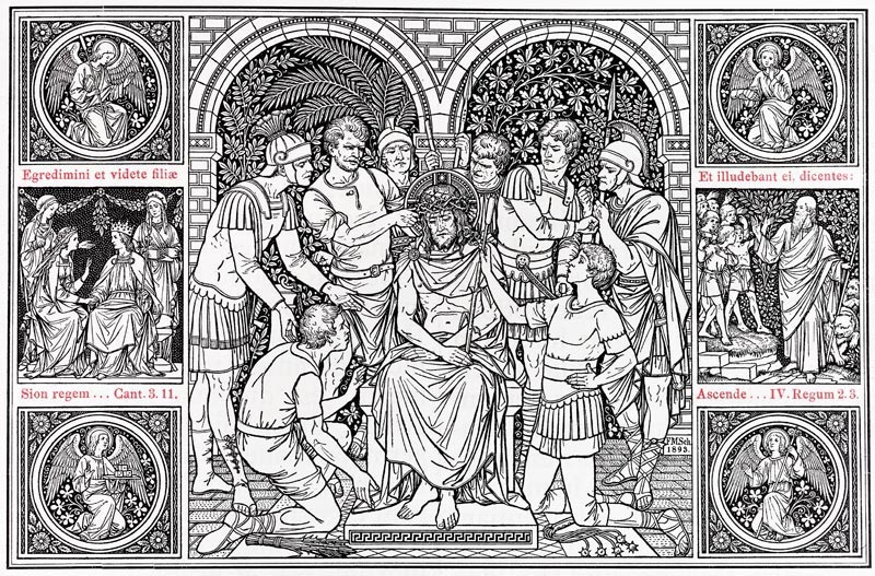 Die Vignette Schmalzls aus dem großen Puste-Missale zeigt Szenen der Passion und die darauf hindeutenden Geschehnisse im Alten Testament.