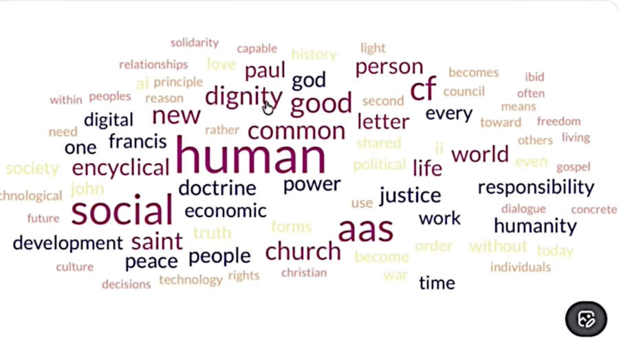 Das aus dem englischen Text der Enzyklika generierte Wordle zeigt ganz zentral den Begriff 'human'. Auch 'social' und 'gemeinsam' kommen groß heraus. 'God' ist kaum zu sehen, 'christ' überhaupt nicht.