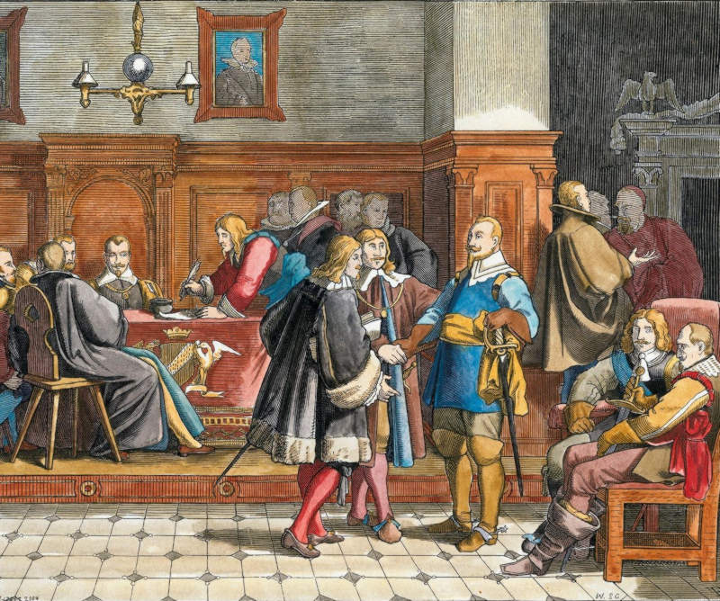 Die Abbildung zeigt einen historischen Holzschnitt mit der Darstellung der Verhandlungen zum Westfälischuen Frieden im Jahr 1648.