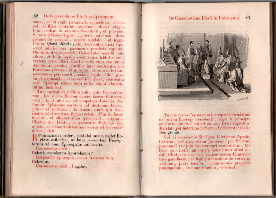 Die Kopie ais dem Pontificale Ausgabe 1845 zeigt eine doppelseite mit der umfangreichen Rubriken  und einer Abbildung zur Verlesung des Mandatum